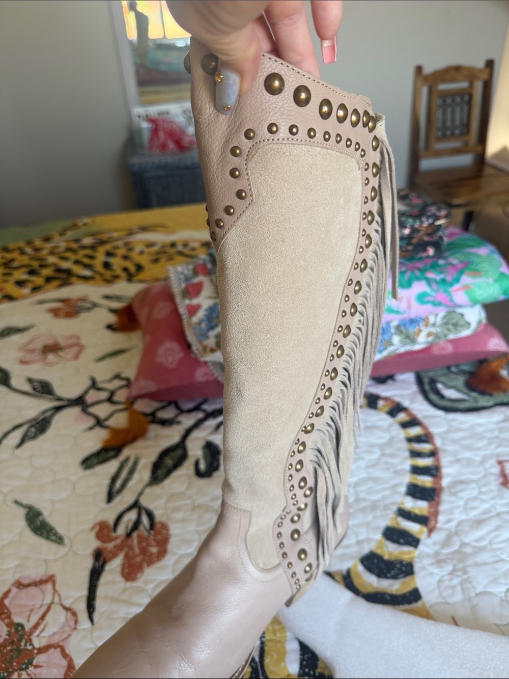 *****SIZE 9***** VERY VOLATILE Fringe Studded Knee-High Boots - Taupe - Picture 4 of 5
